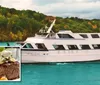 The image showcases a white yacht cruising on turquoise waters with a colorful autumnal forest in the background inset with a close-up of a gourmet steak dish suggesting a luxury dining experience onboard