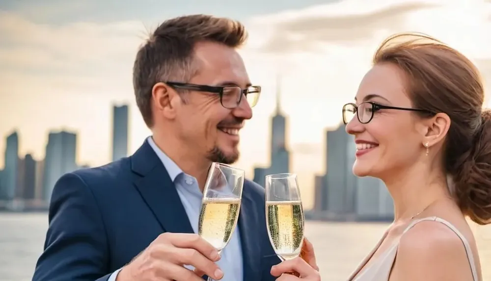 A smiling man and woman are clinking champagne glasses against a backdrop of a city skyline at sunset