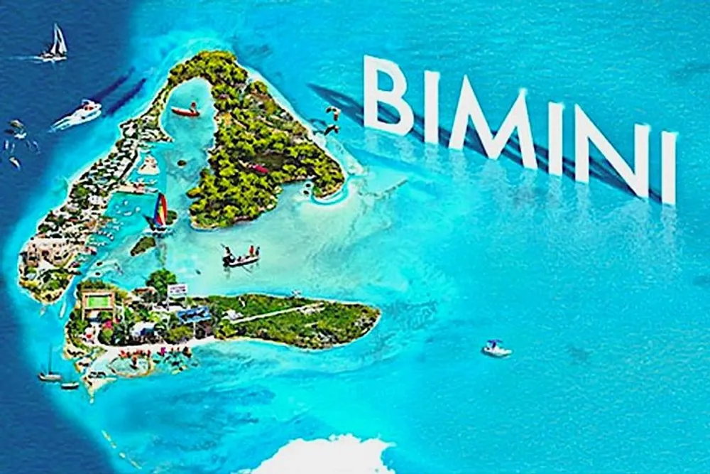 The image is a vibrant aerial view of a tropical island with the word BIMINI overlaid in large letters highlighting a vacation destination with clear blue waters and boats