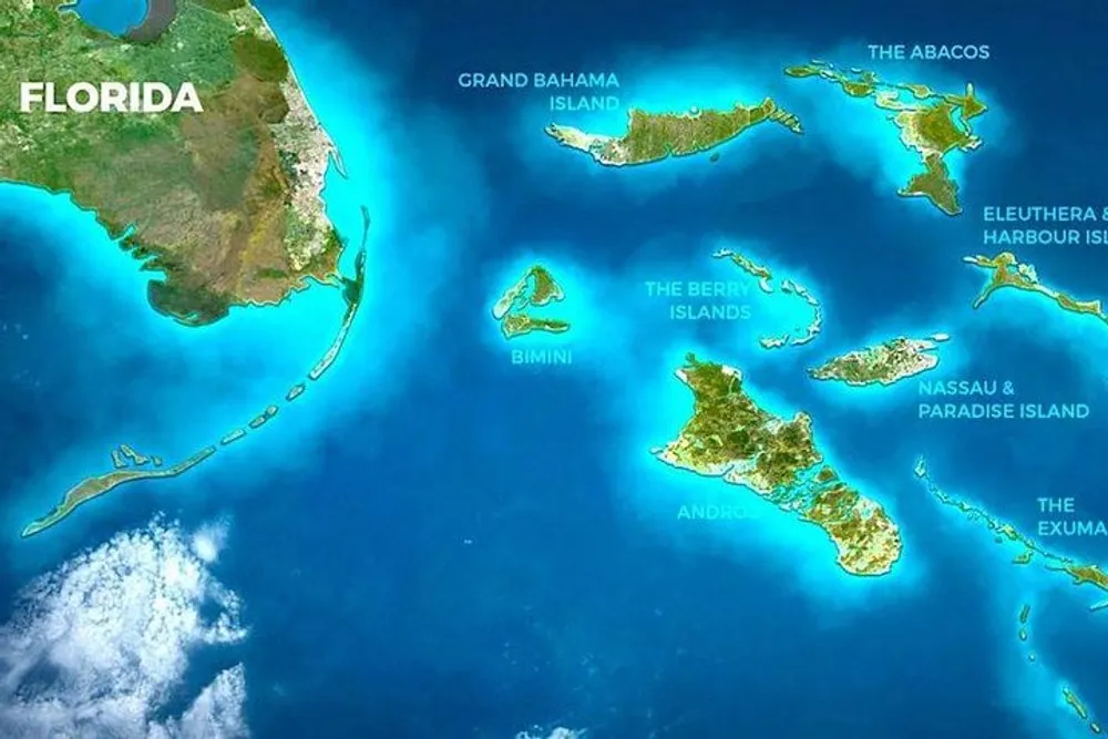 The image displays a satellite view of northern Caribbean geography highlighting the Florida peninsula to the northwest and several named Bahamas islands to the southeast