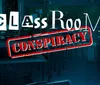 This image depicts a dark classroom with the words CLASSROOM CONSPIRACY in bold partially obscured text superimposed over the scene creating a mysterious or dramatic atmosphere