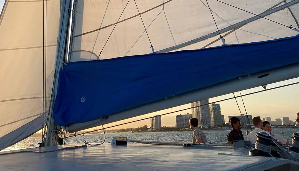 People are enjoying a sailboat ride near a city skyline at sunset