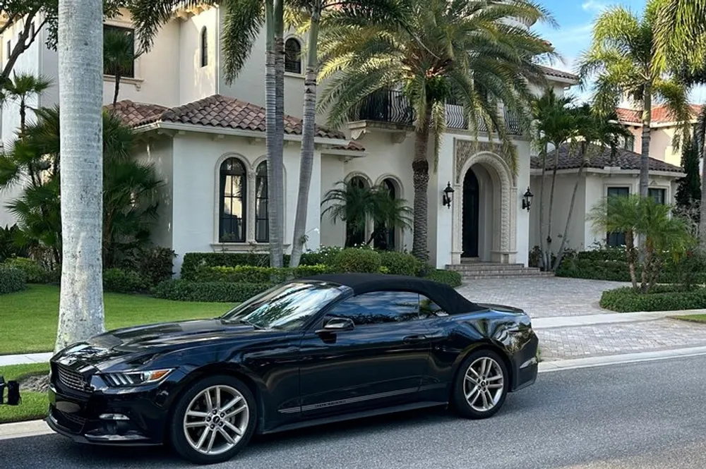 A black convertible car is parked in front of a luxurious house surrounded by palm trees