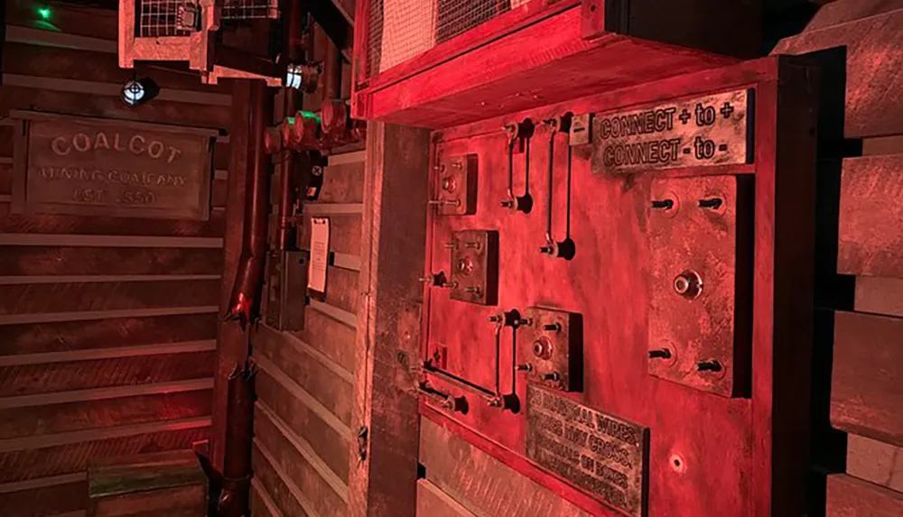 The image shows an old-fashioned industrial metal door with levers under red lighting labeled COALCOT MINING COMPANY EST 1850 suggesting a historical or themed setting