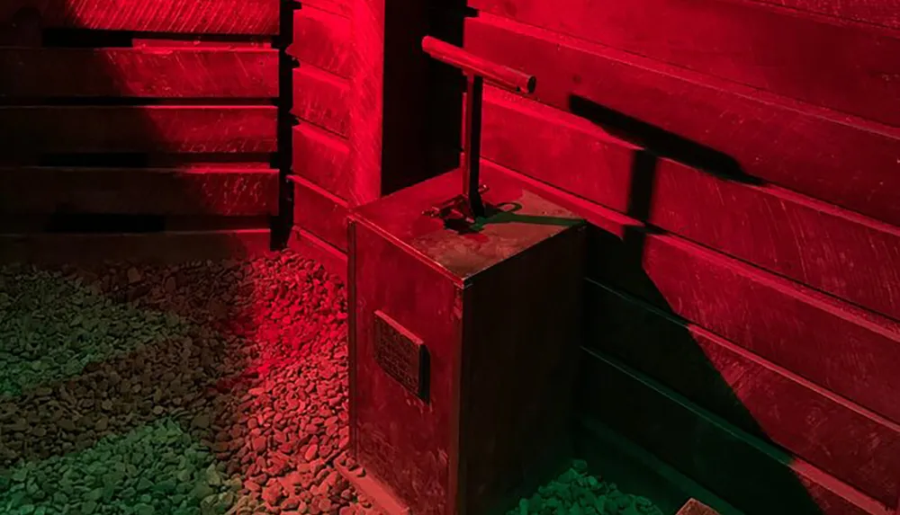 The image shows a metal box with a handle placed against a wooden backdrop illuminated by red lighting creating a moody and dramatic atmosphere