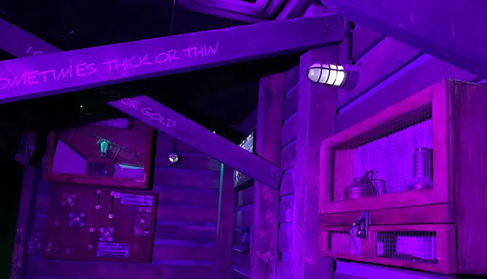 The image shows an interior space lit in purple hues with wooden structures artistic or enigmatic writing on beams and a wall featuring control panels or instrumentations portraying a mysterious and possibly themed environment