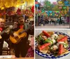 Three mariachi musicians are performing in a festive and decorated restaurant while patrons listen