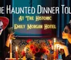 The image shows two people with their faces painted in a Dia de los Muertos style sitting at a candlelit table promoting The Haunted Dinner Tour at the historic Emily Morgan Hotel