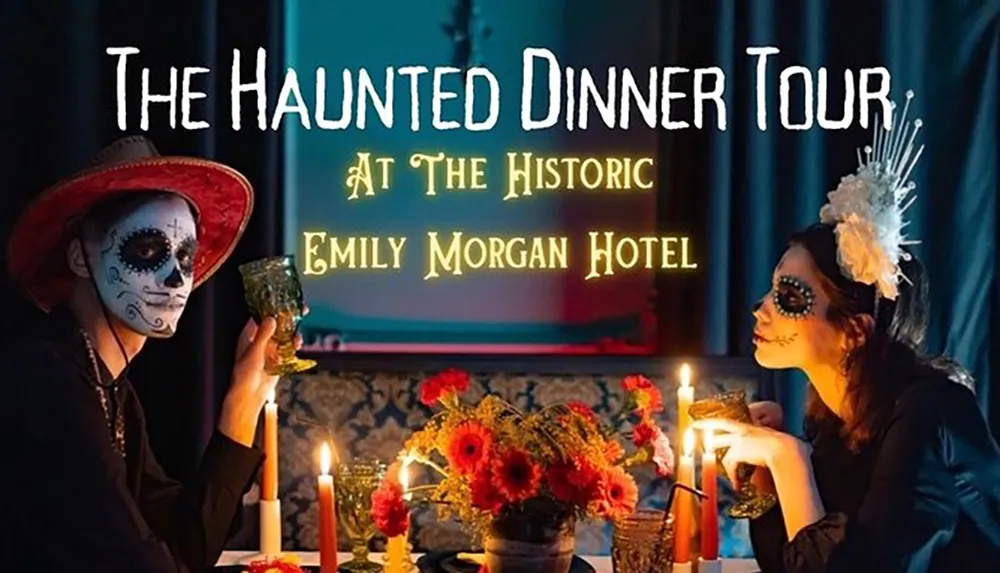 The image shows two people with their faces painted in a Dia de los Muertos style sitting at a candlelit table promoting The Haunted Dinner Tour at the historic Emily Morgan Hotel