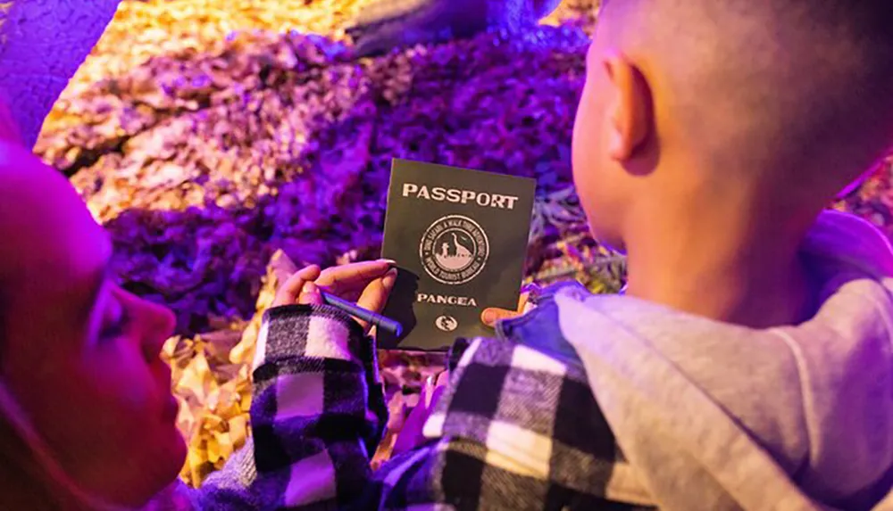 A child holds up a playful Pangaea Passport while another child looks on in a setting illuminated by purple lighting