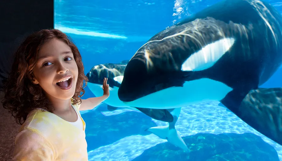 A young girl excitedly interacts with an orca through an aquarium glass.