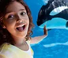 A child is joyfully observing an orca with a positive testimonial overlay while a small inset shows people riding a roller coaster