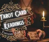 The image features a set of tarot cards being held by a person with lit candles on either side against a backdrop that includes the text Tarot Card Readings with ornate designs and mystical symbols