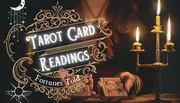 The image features a set of tarot cards being held by a person with lit candles on either side, against a backdrop that includes the text 