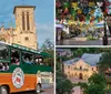 The image shows a colorful sightseeing trolley bus with passengers aboard indicating a hop-on-hop-off tour service under a clear sky with historical architecture in the background