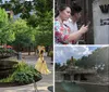 A person in a yellow dress is walking past a tiered fountain in a peaceful urban park setting with seated individuals and lush greenery