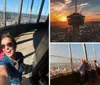 Three people are smiling for a selfie with a cityscape visible from a high vantage point in the background