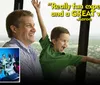 A man and a child joyfully look out at a scenic view with a quote saying Really fun experience and a great view attributed to Aaron