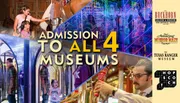 A family is enjoying a visit to a quirky exhibition featuring unusual taxidermy, with an inset photo of a person dressed as a cowboy in a Western-style setting.