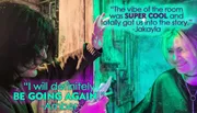 Two people are interacting in a room with colorful lighting, accompanied by positive quotes about the atmosphere and experience.