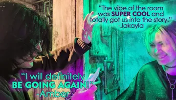 Two people are interacting in a room with colorful lighting, accompanied by positive quotes about the atmosphere and experience.