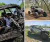 A rugged off-road vehicle is driving through a forest trail kicking up dust as it speeds along