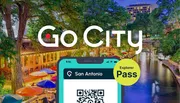 The image shows an advertisement for Go City's Explorer Pass with an illustrated smartphone displaying a QR code, set against a vibrant backdrop of a riverwalk scene at dusk.