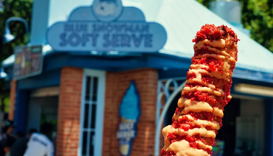 A close-up of a uniquely coated ice cream cone is held in front of a Blue Snowman Soft Serve food kiosk on a sunny day.