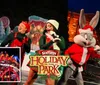The image depicts performers and a character dressed in festive holiday attire on a brightly-lit stage with a Christmas theme alongside a small inset image showing people on a roller coaster ride promoting Six Flags Holiday in the Park event