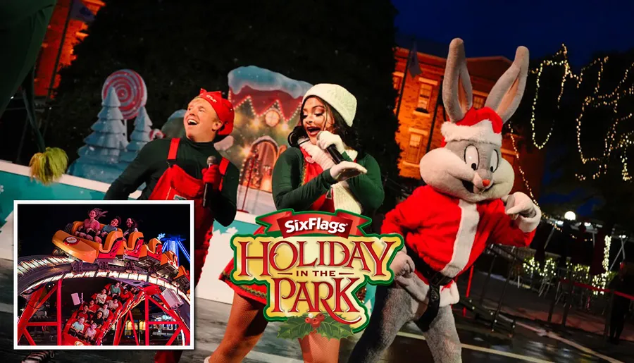 The image depicts performers and a character dressed in festive holiday attire on a brightly-lit stage with a Christmas theme, alongside a small inset image showing people on a roller coaster ride, promoting Six Flags' Holiday in the Park event.
