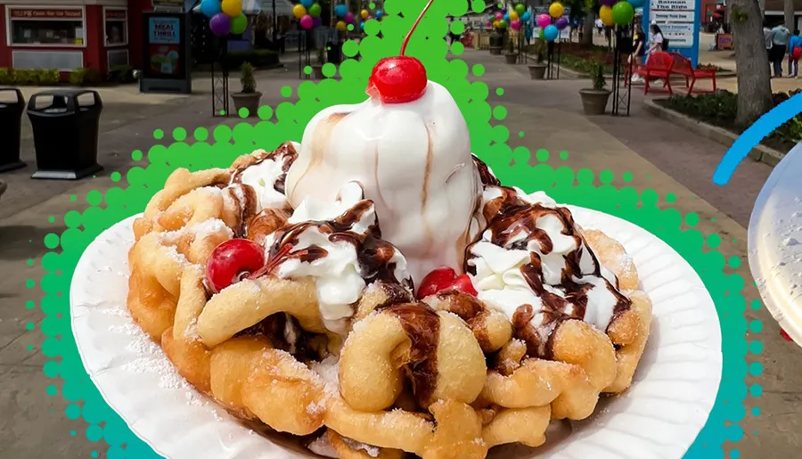 The image features a close-up view of a decadent funnel cake topped with whipped cream, chocolate syrup, and a cherry, superimposed on a background of a festive outdoor setting.