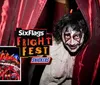 The image is a promotional advertisement for Six Flags Fright Fest event featuring a creepy character peering out from red curtains juxtaposed with an inset of thrilled riders on a roller coaster highlighting the theme parks blend of scares and excitement