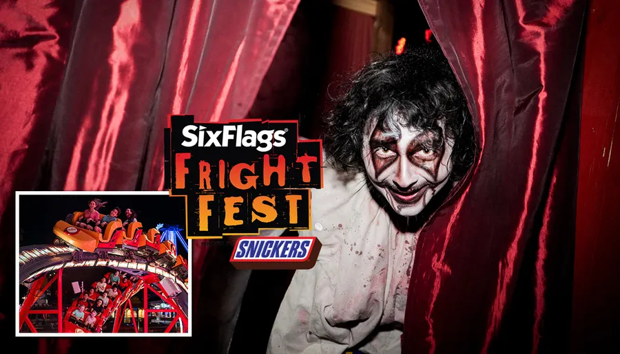 The image is a promotional advertisement for Six Flags' Fright Fest event featuring a creepy character peering out from red curtains, juxtaposed with an inset of thrilled riders on a roller coaster, highlighting the theme park's blend of scares and excitement.