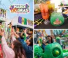 A festive Mardi Gras parade features colorful performers on a float with a lively crowd reaching up towards them