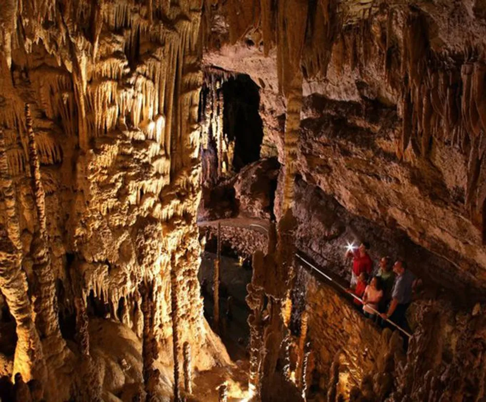 Visitors are admiring the intricate formations inside a well-lit expansive limestone cave