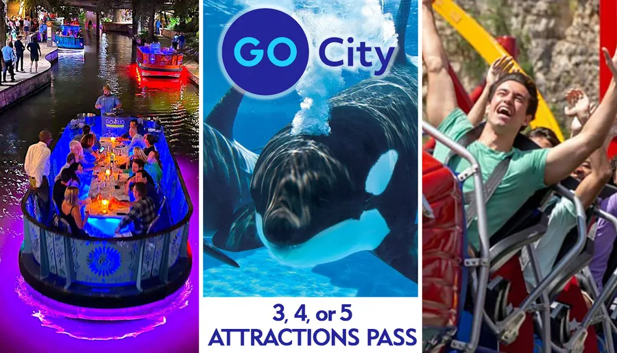 The image is a promotional collage for a city attractions pass, featuring people enjoying a dinner cruise, a close-up of an orca underwater, and individuals experiencing thrill on a roller coaster.