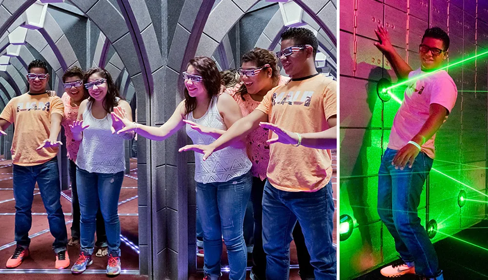 A group of four friends are posing and having fun in a room with illusionary mirror effects while a single person is captured in a similar pose with green lighting on the right side of the image
