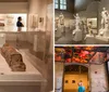 Visitors are closely examining ancient artifacts at a museum exhibit with a focus on a sarcophagus
