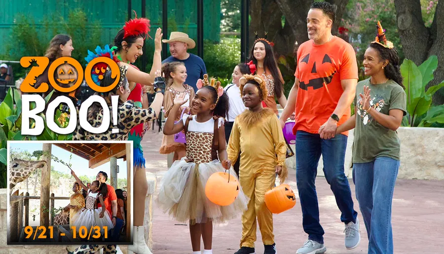 This image appears to be a promotional poster for a Halloween-themed event called Zoo Boo! at a zoo, featuring people and children in costumes enjoying the festivities, with event dates from September 21st to October 31st.