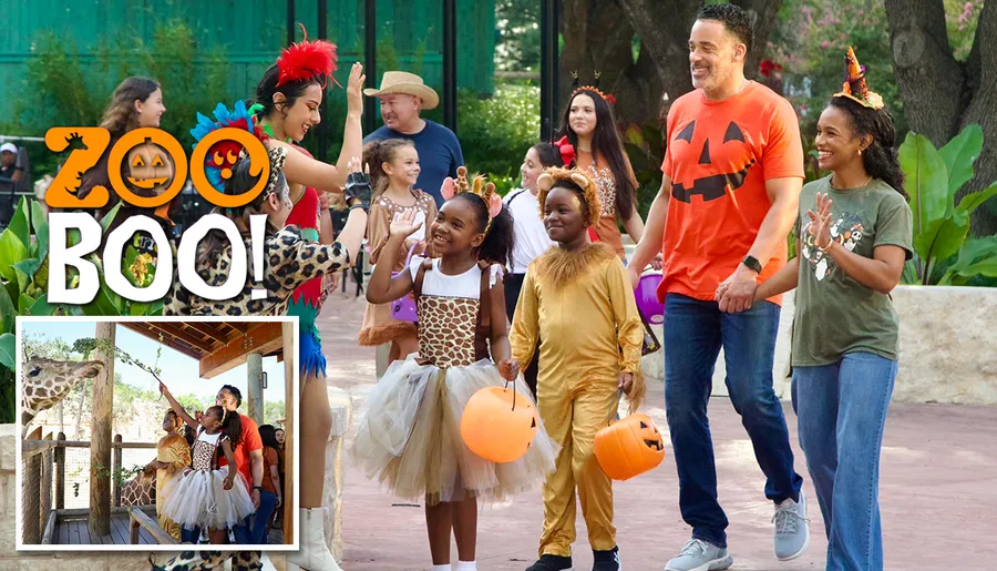 This image appears to be a promotional poster for a Halloween-themed event called Zoo Boo! at a zoo, featuring people and children in costumes enjoying the festivities, with event dates from September 21st to October 31st.