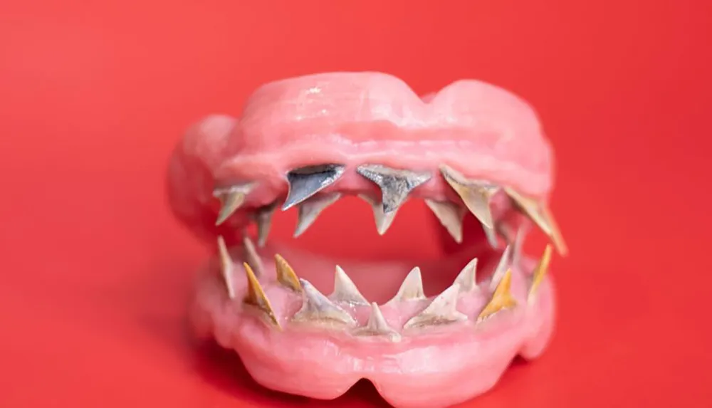 The image depicts a set of dentures with an unconventional fierce design featuring metallic shark teeth contrasting sharply with a bright red background