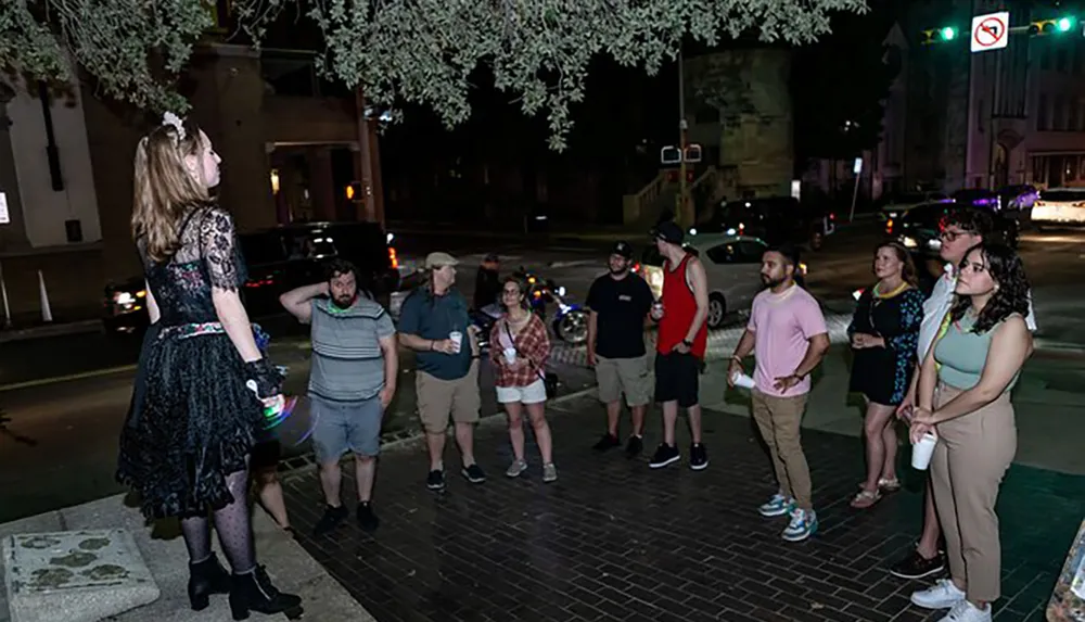 A group of people attentively listens to a woman who appears to be giving a guided tour at night in an urban setting