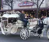 A person sits atop a festively decorated horse-drawn carriage in front of a wax museum smiling as passersby look on