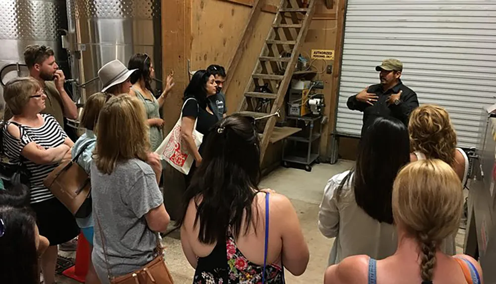 A group of people is attentively listening to a presenter during what appears to be an indoor tour or workshop possibly in a winery or a brewery given the stainless steel tanks in the background