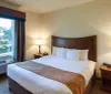 The image shows a tidy hotel room with two double beds nightstands lamps and a window with curtains
