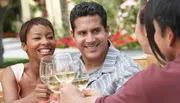 Three people are cheerfully toasting with glasses of white wine outdoors.