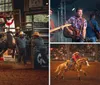 A rodeo rider is mounted on a bucking bull inside an arena surrounded by spectators and rodeo personnel