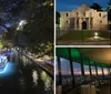 The image shows a vibrant night scene of an illuminated riverwalk with people dining alfresco and a boat gliding on the water