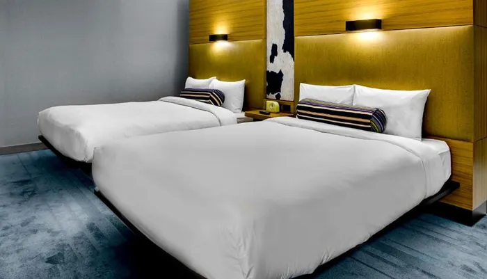 The image shows a modern hotel room with two neatly made twin beds featuring white bedding and striped accent pillows set against a wood-paneled headboard and a blue patterned carpet