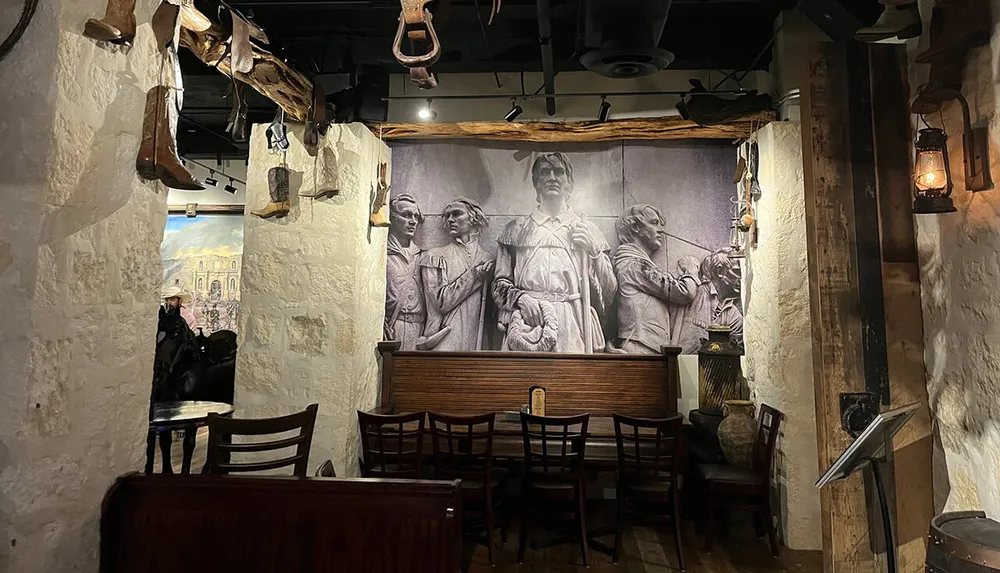 The image shows a rustic restaurant interior with a large wall mural depicting historical figures complemented by antique dcor and hanging old-fashioned lanterns creating a vintage atmosphere